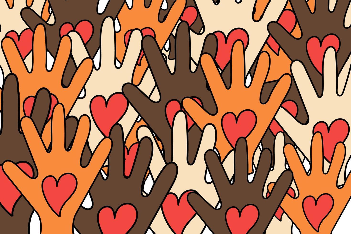 The concept of race equality. Hands of different colors with red hearts raised palms up. Background of hands. Hand-drawn doodle-style palms of different people. vector