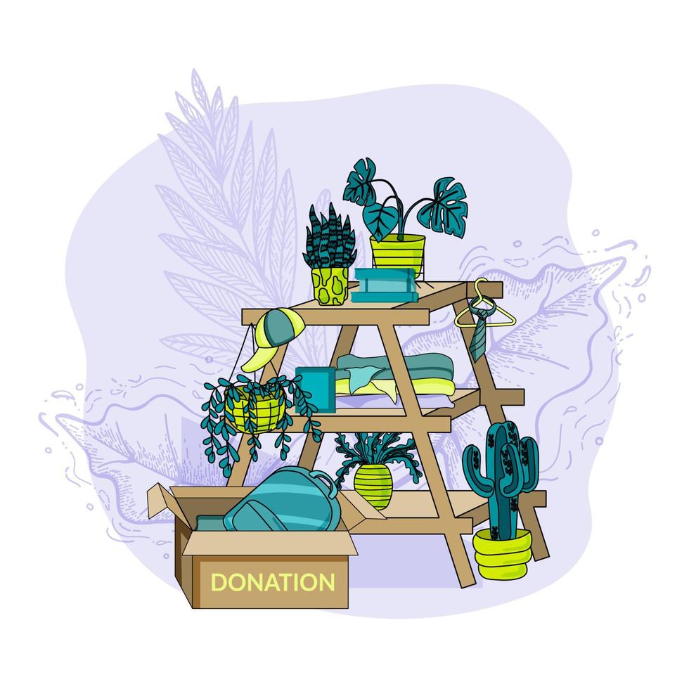 Used clothing, books and plants donation flat vector illustration. A box of stuff and a backpack. The second life of things. Second hand, items from the flea market. Tie hanging on a hanger. Charity.