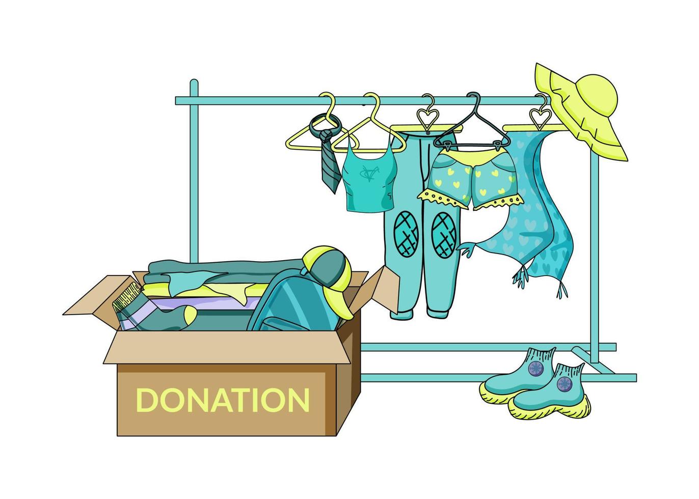 Used clothing donation flat vector illustration. Cheap and free clothing. Box of clothes. Second hand, goods from flea market. Pants, shorts, tie, scarf hanging on a rack. Women's and men's clothing.