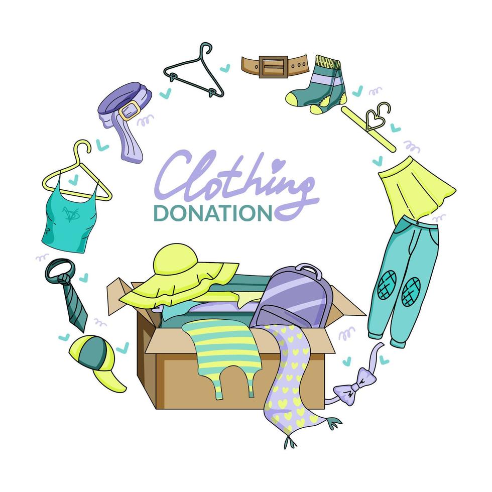 Donate clothes flat vector poster template. Banner for a used clothing store. Box of clothes. Homeless people in need of social assistance. Illustration of men's and women's clothing. Selling.