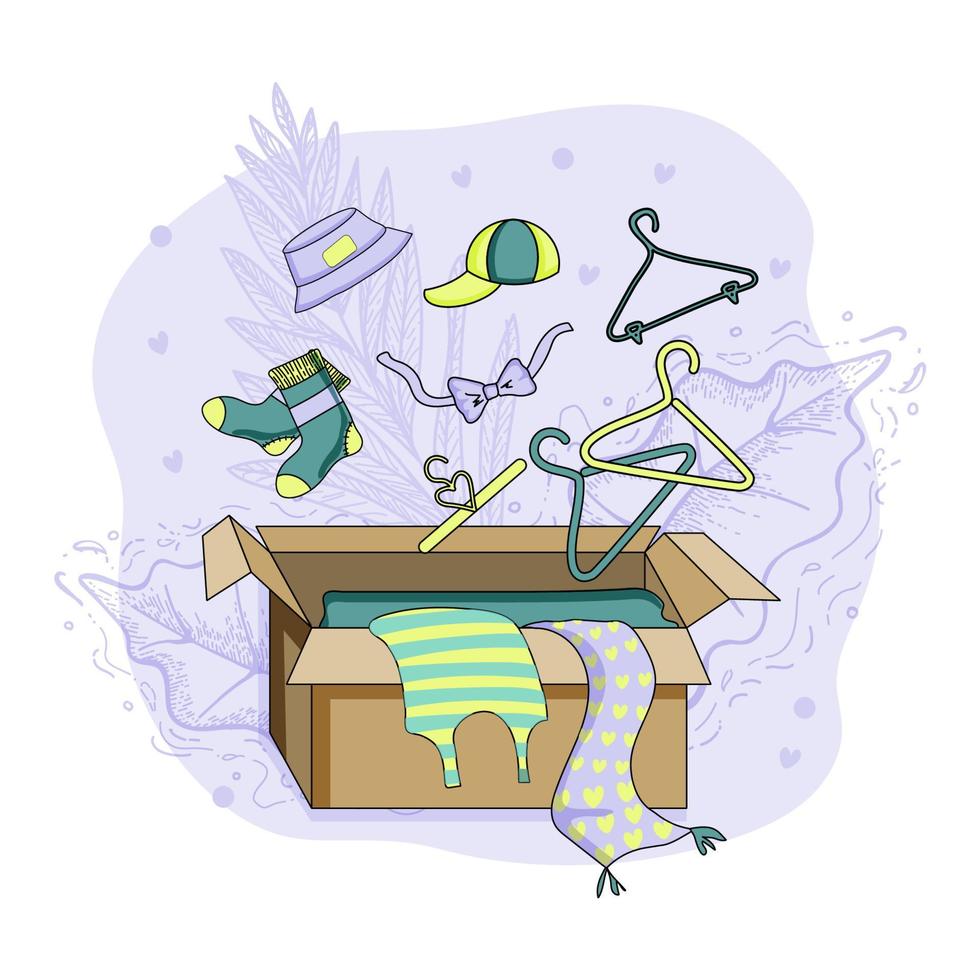 Clothing Recycling. Recycle your old clothes. Clothes go into a paper container, box. Various hangers and small hearts. Flat vector illustrations.