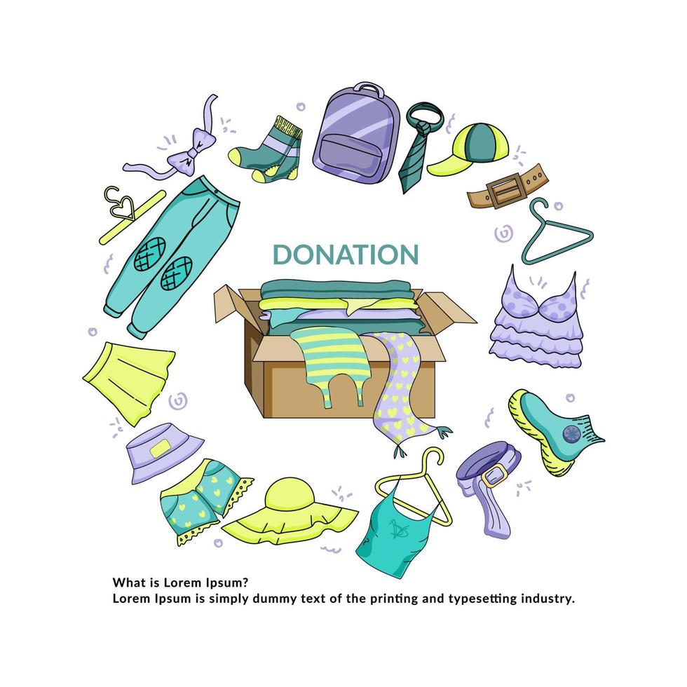 A hand-drawn vector of various clothes for donations. Doodle style vector set. Charity day and social aid concept. Second hand, flea market.