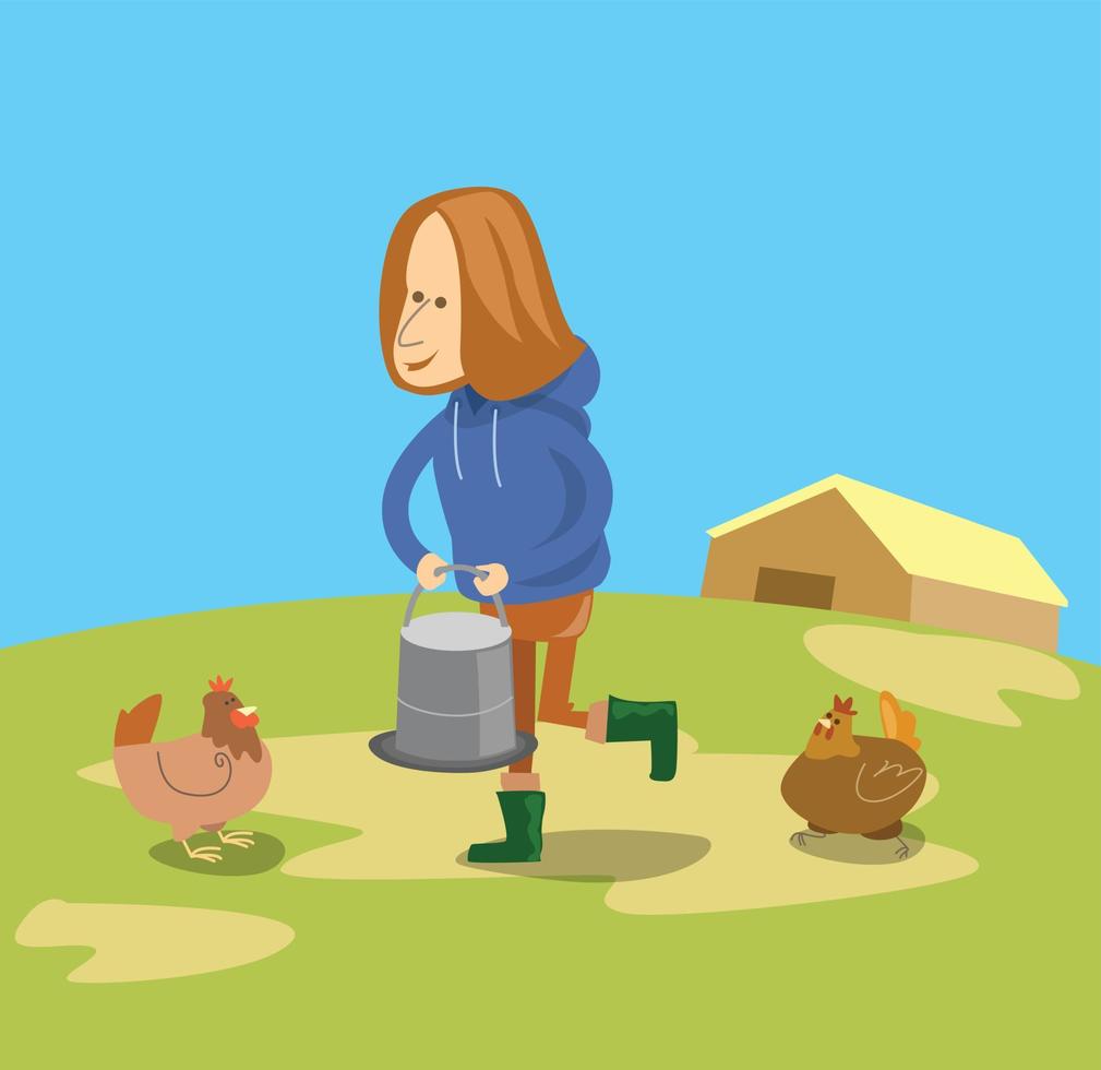 mujer alimentando pollo granja retro ilustración de dibujos animados vector