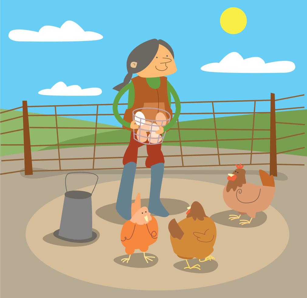 cosecha huevo pollo mujer retro granja ilustración vector