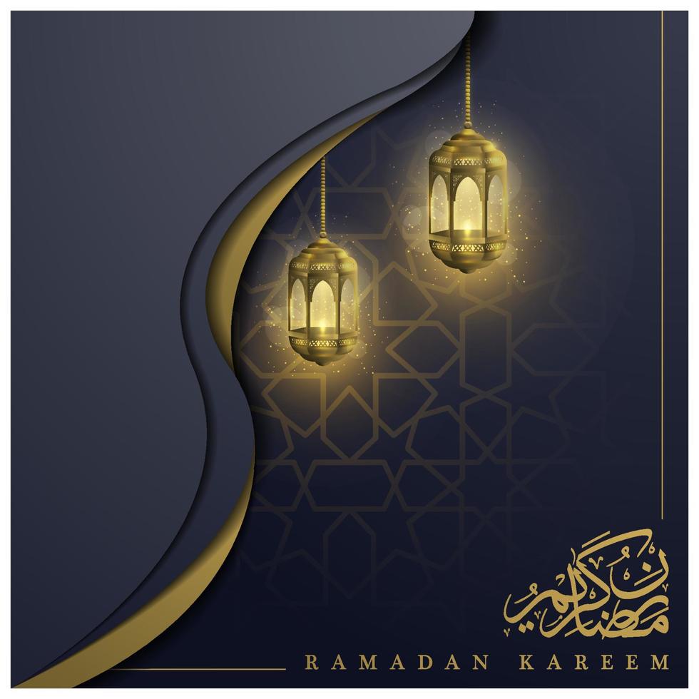 Ramadan Kareem Greeting card islamic Floral Pattern vector design with beautiful lantern and arabic calligraphy for background, banner, wallpaper, brosur, flyer, decoration and cover