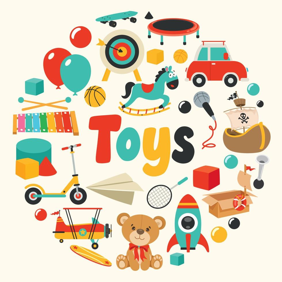 Set Of Various Colorful Toys vector