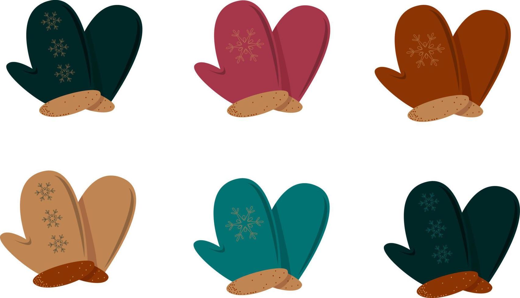 Set of multicolored knitted mittens with pattern. Warm mitten icon isolated. Vector illustration. Flat design. Can be used for scrapbook, postcards, print, etc.