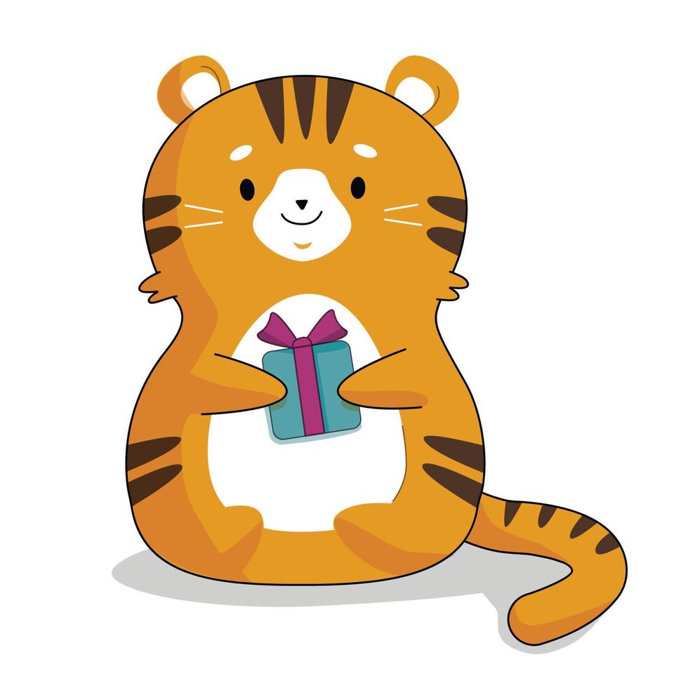 Cute kawaii animal tiger with gift. Symbol of new year isolated on white background. Sweet character. Vector illustration.