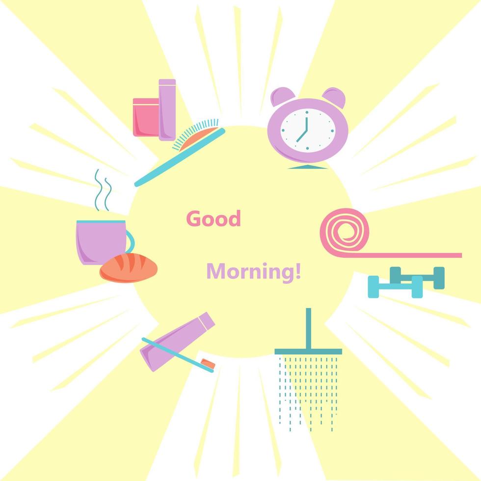 Morning routine infographics collection. Alarm clock-yoga mat and dumbbells-shower-toothpaste and brush-coffee and breakfast-skincare and hairbrush. Vector flat illustration. Healthy lifestyle.
