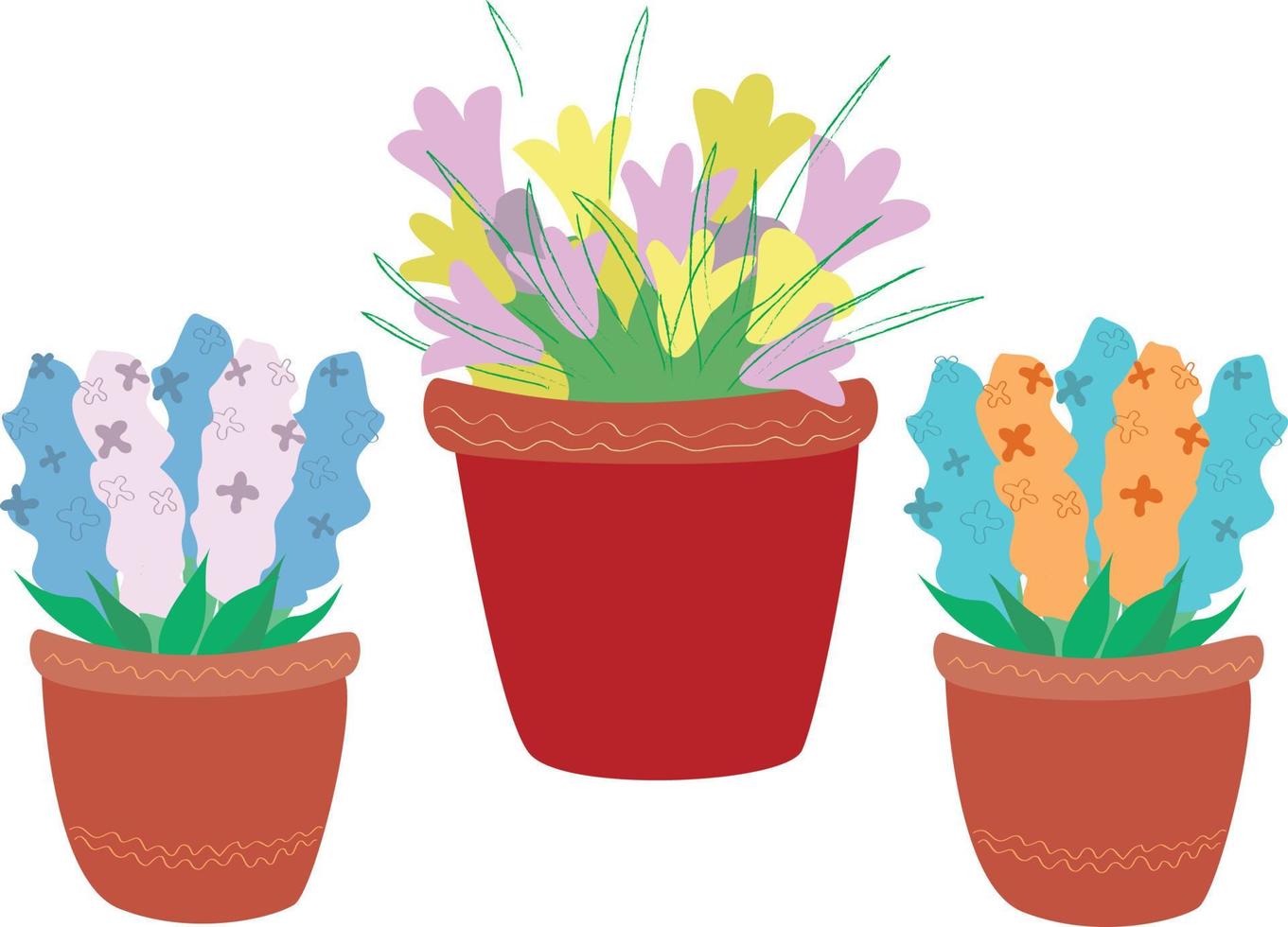 flores de primavera planas: jacintos y azafranes en macetas aisladas. planta de flor, maceta botánica. ilustración vectorial vector