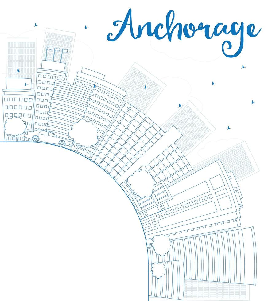 Outline Anchorage Alaska Skyline with Blue Buildings and copy space. vector