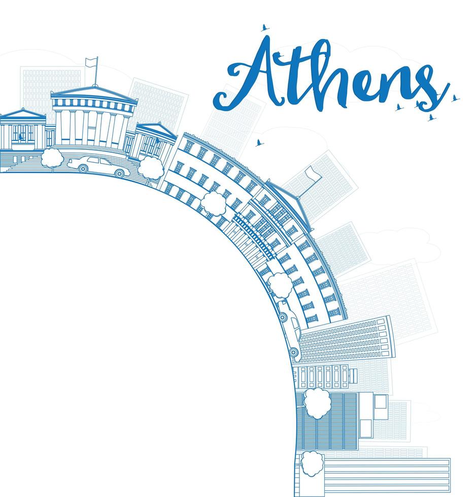 delinear el horizonte de atenas con edificios azules y espacio de copia. vector