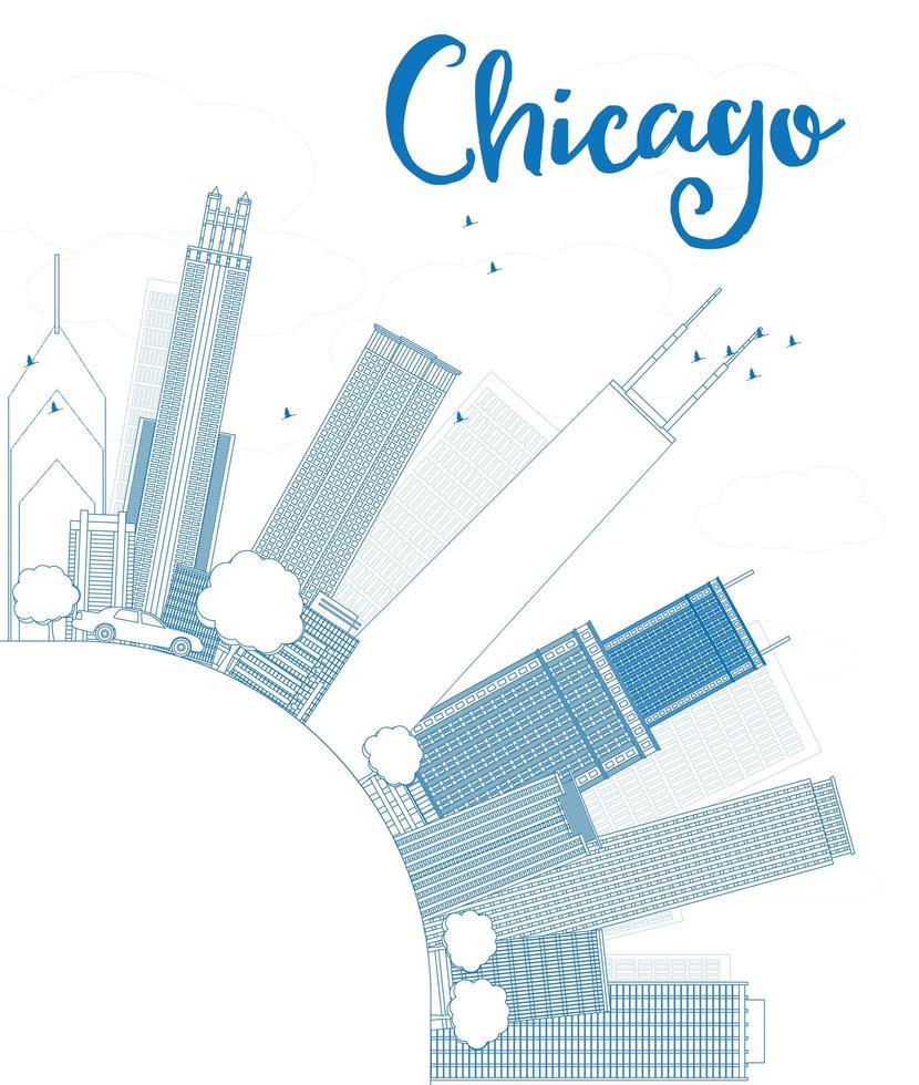 Outline Chicago city skyline with blue skyscrapers and copy space. vector