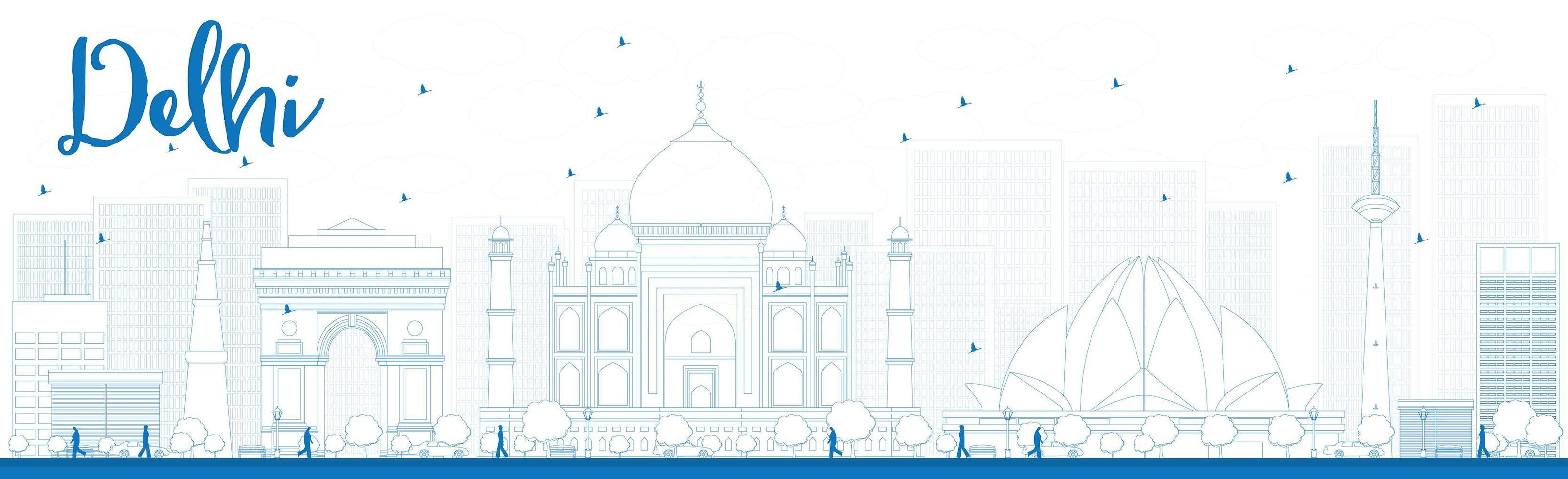 Outline Delhi skyline with blue landmarks. vector
