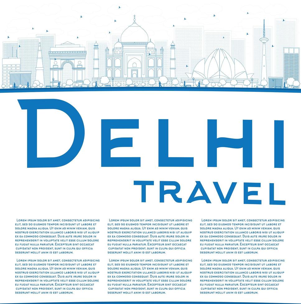 Outline Delhi skyline with blue landmarks and copy space. vector