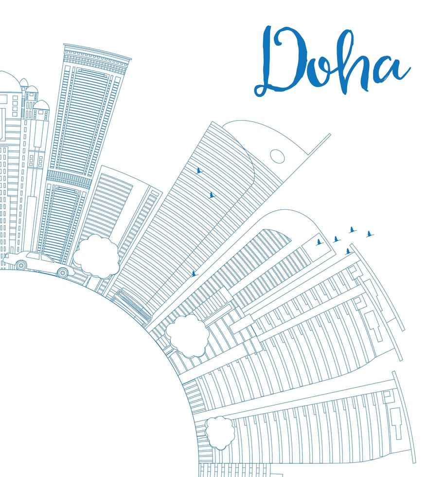 delinear el horizonte de doha con rascacielos azules. vector