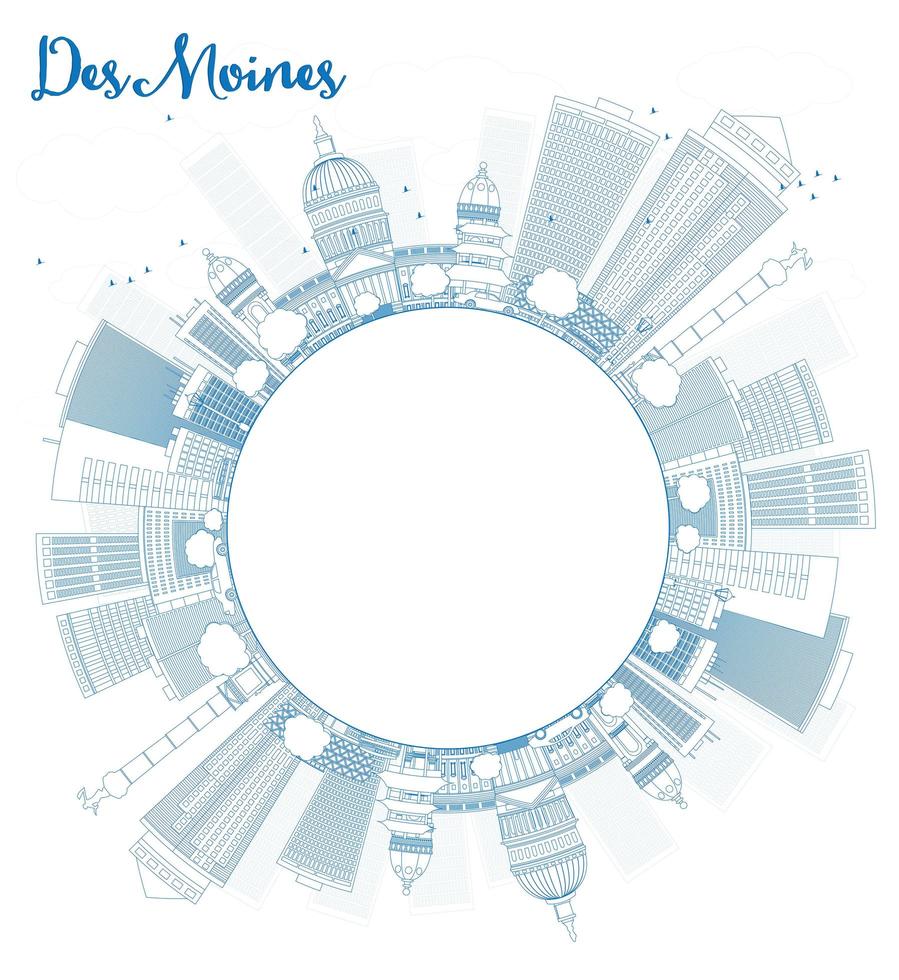 Outline Des Moines Skyline with Blue Buildings and copy space vector