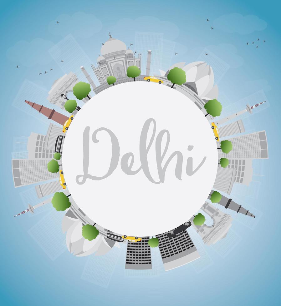 Delhi skyline with gray landmarks, blue sky and copy space. vector