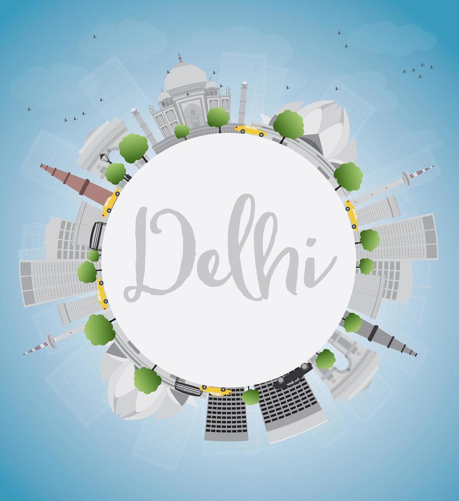 horizonte de delhi con puntos de referencia grises, cielo azul y espacio de copia. vector