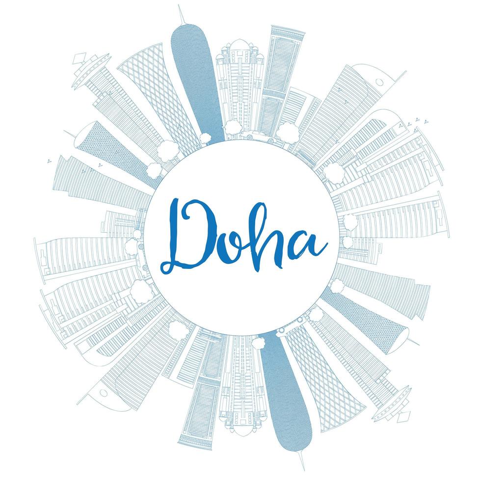 delinear el horizonte de doha con rascacielos azules. vector