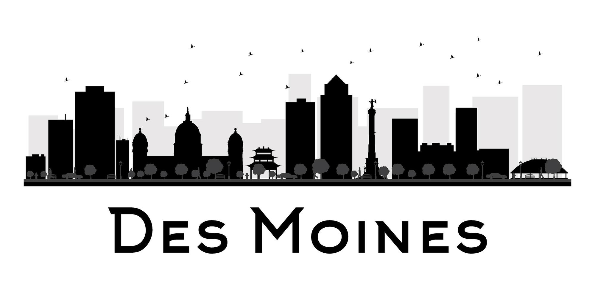 Des Moines City skyline black and white silhouette vector
