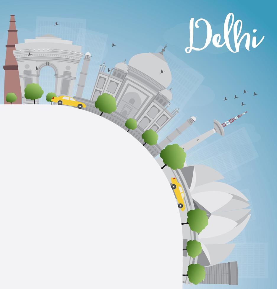 horizonte de delhi con puntos de referencia grises, cielo azul y espacio de copia. vector