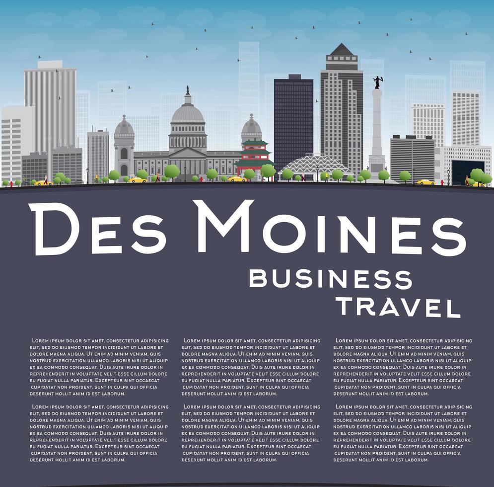 Des Moines Skyline with Grey Buildings, Blue Sky and copy space. vector