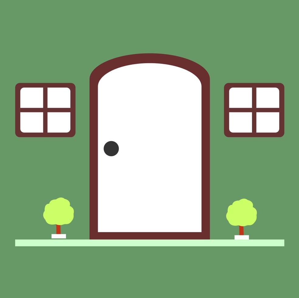 Vector door and window cartoon animation background with green wall, tree pot decoration. Best for your wallpaper, backdrop and layout, editable image