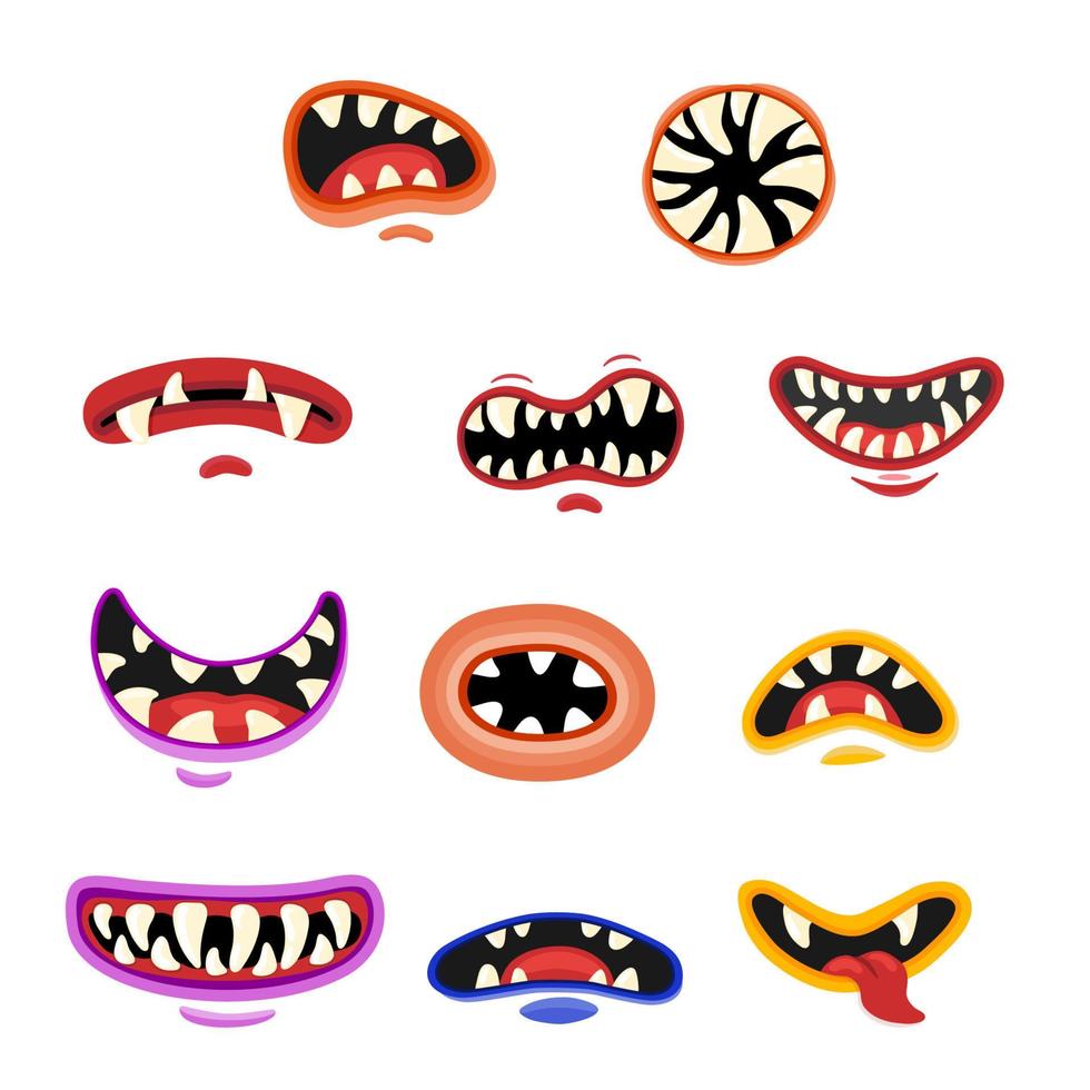 terribles bocas y mandíbulas de monstruos. labios de miedo dientes y lengua caras de halloween. expresión facial divertida, emociones para la ilustración de vector de dibujos animados de halloween