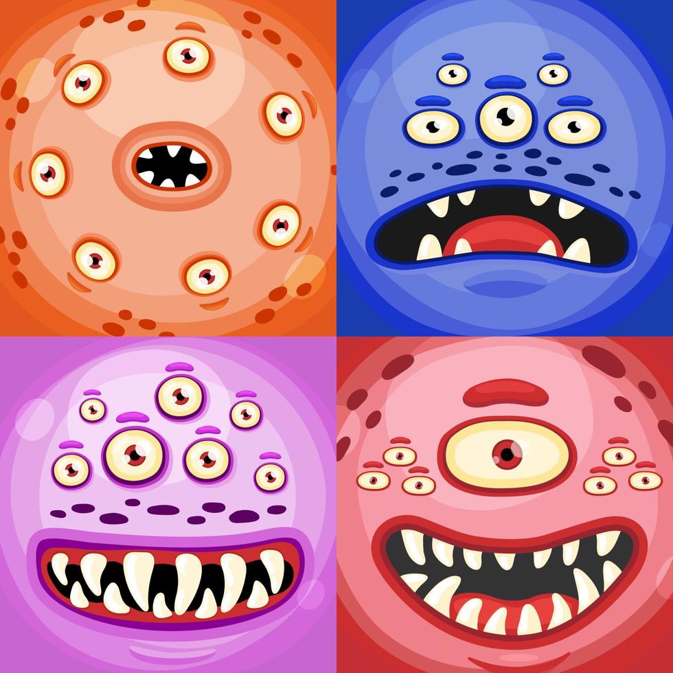 monstruo aterrador o alienígenas se enfrenta a máscaras con boca y ojos. caras de monstruos vectoriales de dibujos animados con diferentes expresiones emociones. vector