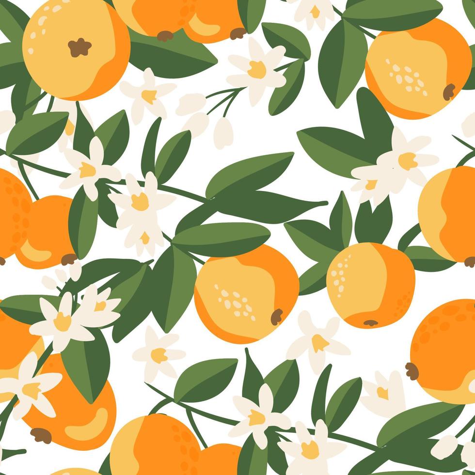 Summer tropical seamless pattern with colorful oranges and flowers.Vector citrus fruits background. Modern exotic floral design for paper, cover, fabric, interior decor and other users. vector