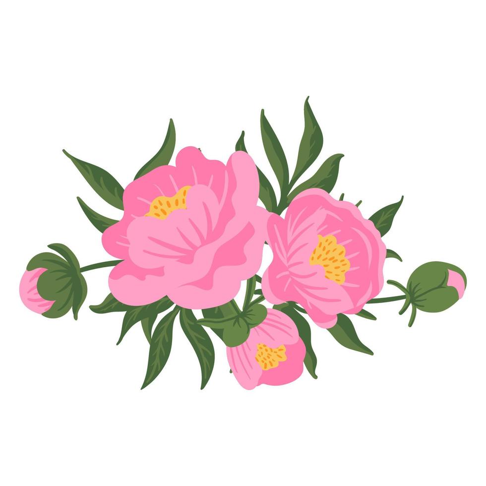 Flower composition. Pink peonies with green leaves. Vector romantic garden illustration. Botanical collection for wedding invitation, patterns, wallpapers, fabric, wrapping
