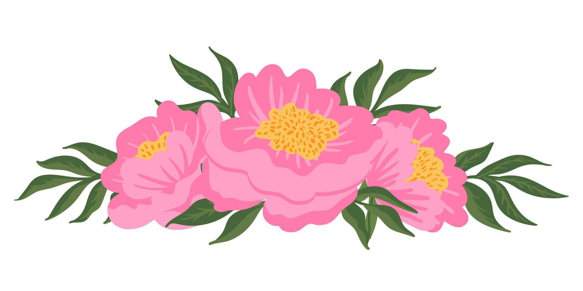 Flower composition. Pink peonies with green leaves. Vector romantic garden illustration. Botanical collection for wedding invitation, patterns, wallpapers, fabric, wrapping
