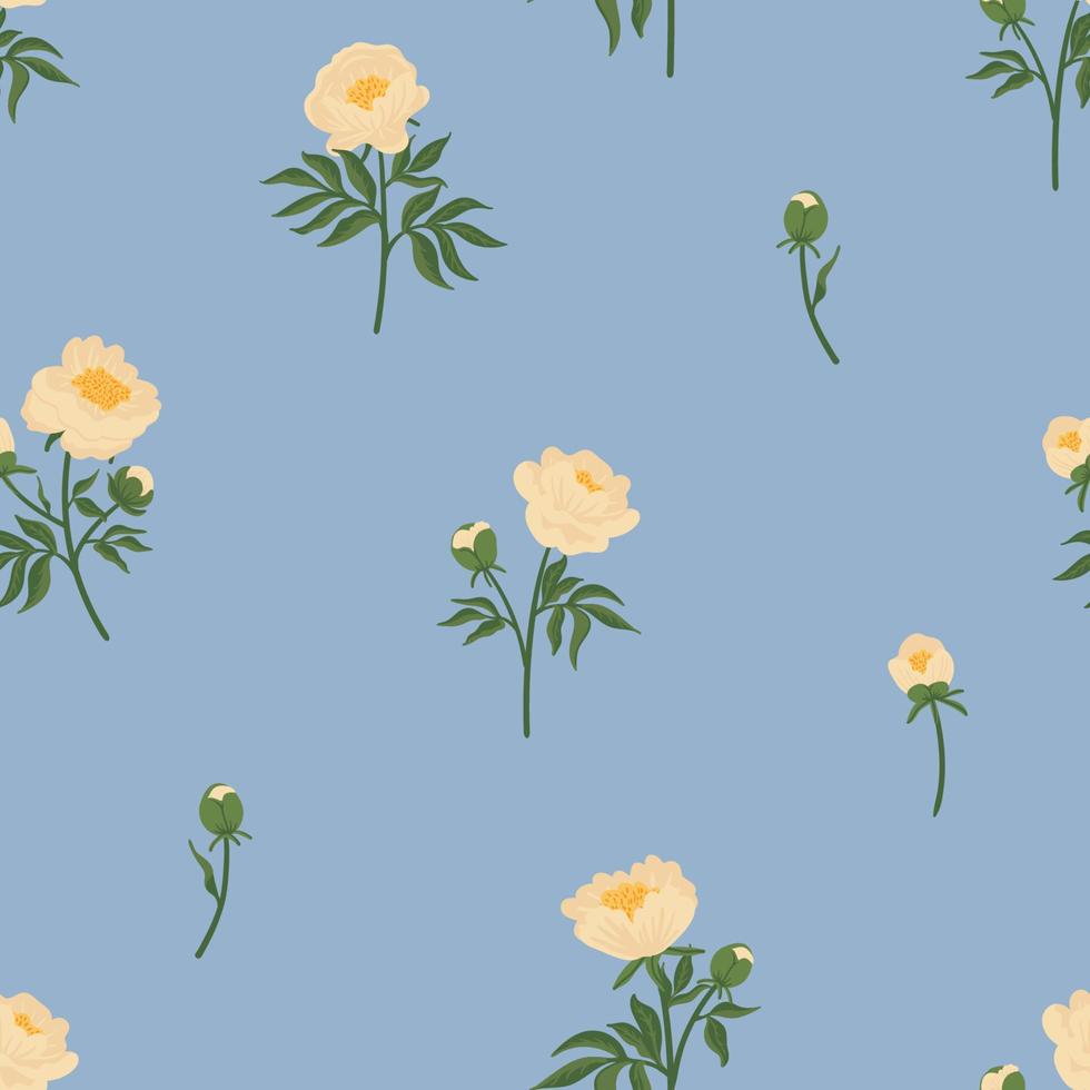 Floral vector seamless pattern with blooming peony flowers, buds, bouquet, garland, leaves. Vintage hand drawn background for decoration, wrapping, textile, fabric.