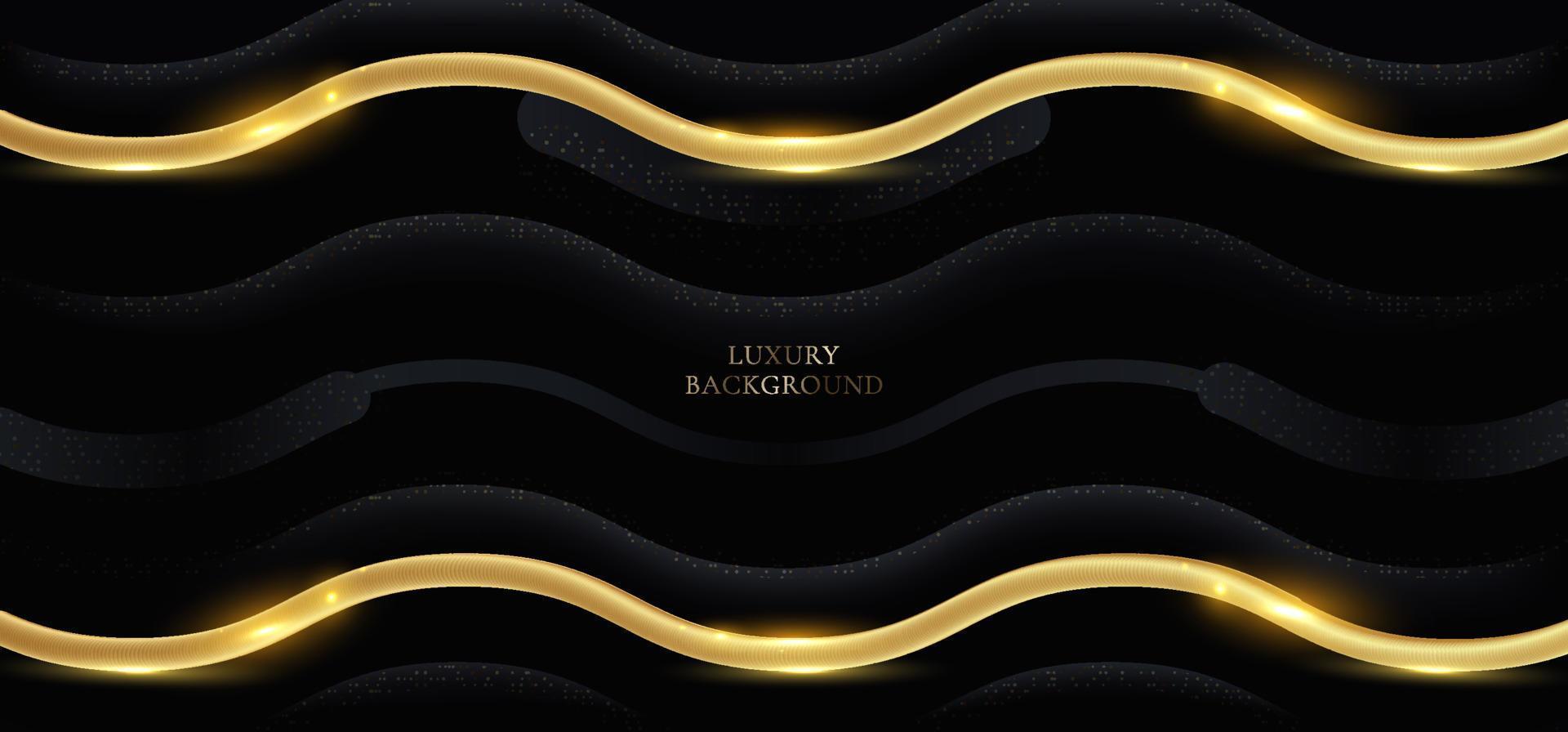 Abstract background black wave paper cut design with 3D golden lines and lighting effect vector