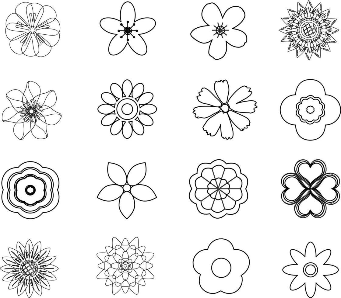 Set of flat Spring flower icons in silhouette isolated on white. Cute retro illustrations in bright colors for stickers, labels, tags, scrapbooking. vector