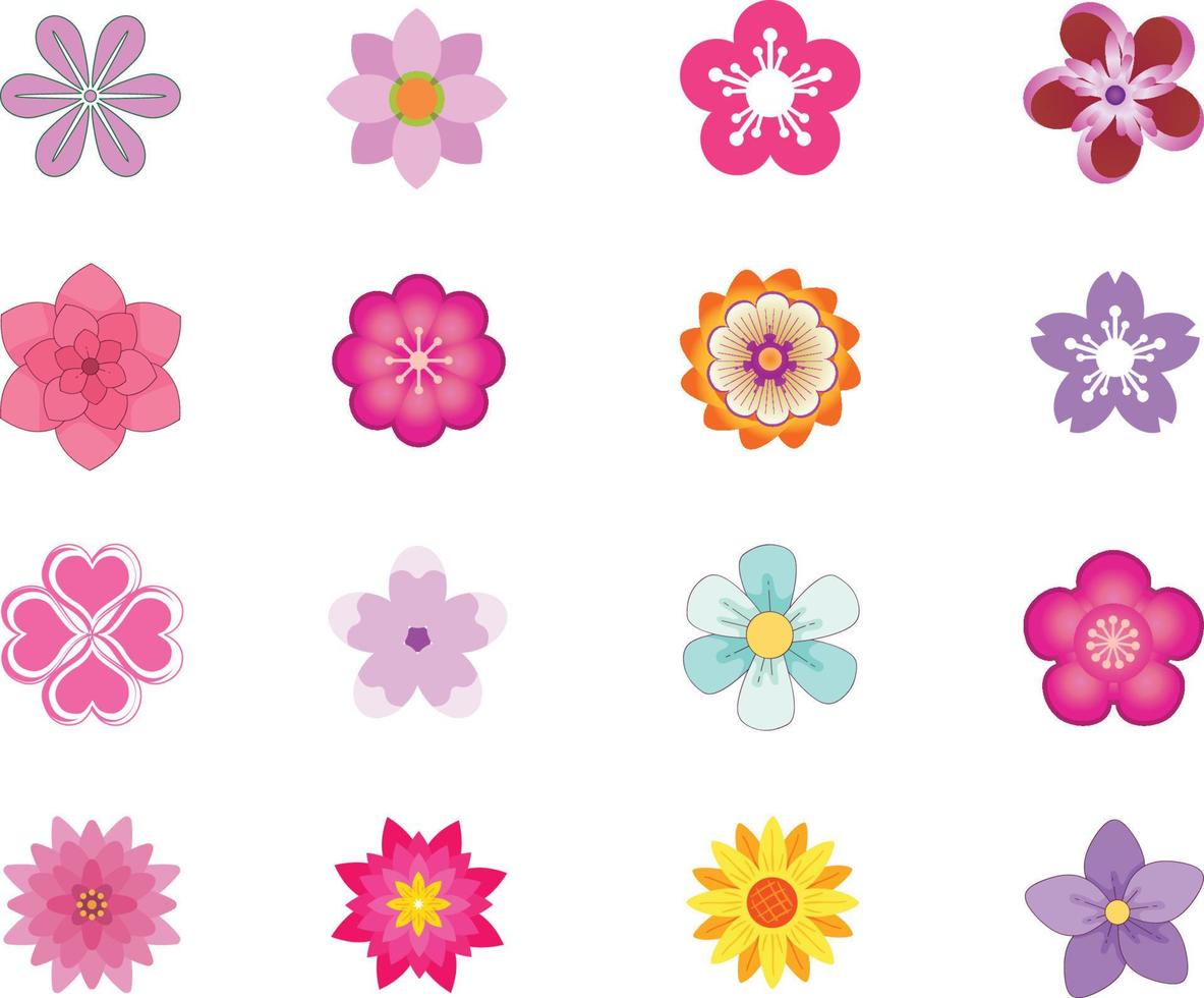 conjunto de iconos de flores de primavera planas en silueta aislado en blanco. lindas ilustraciones retro en colores brillantes para pegatinas, etiquetas, etiquetas, álbumes de recortes. vector