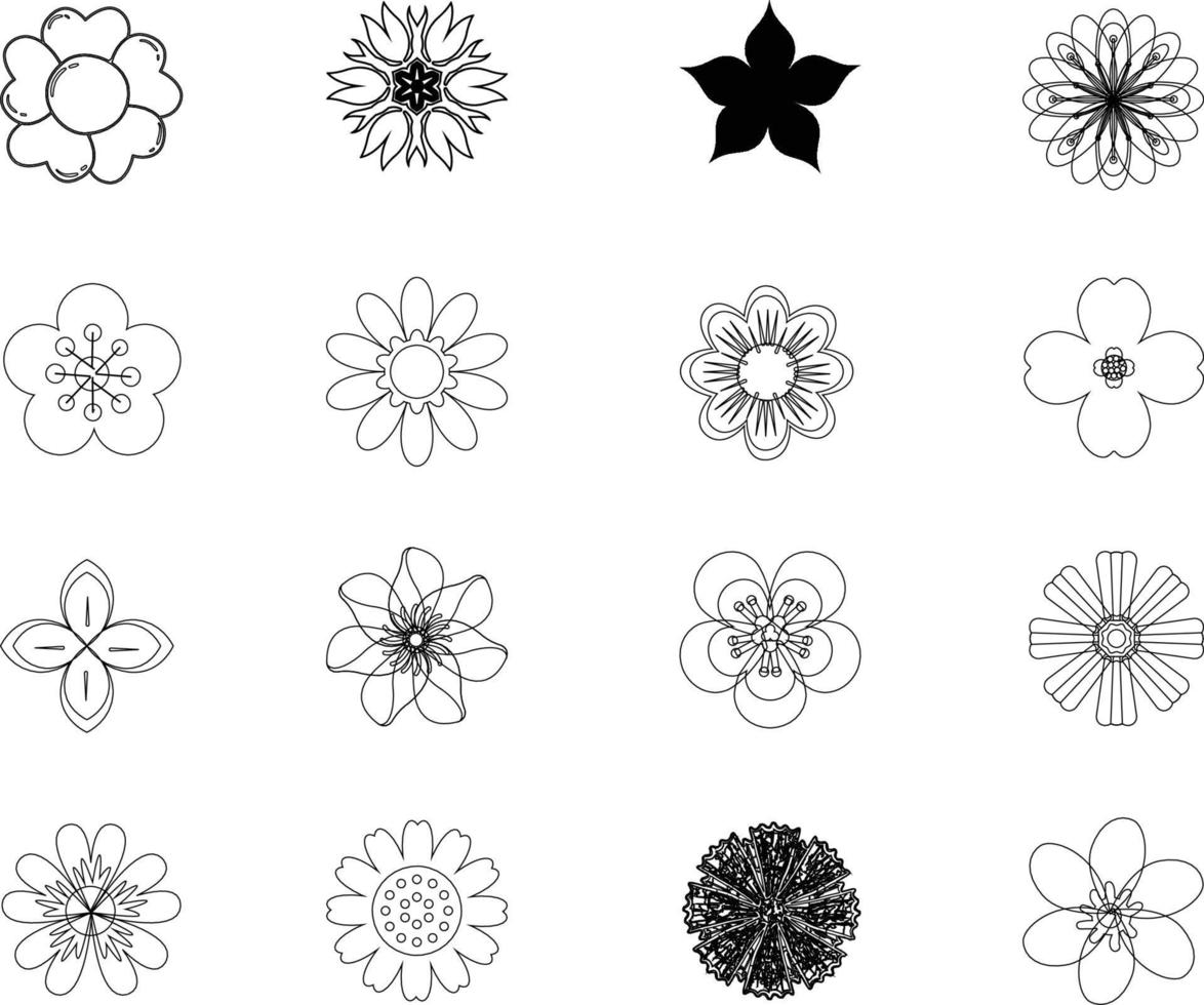 Set of flat Spring flower icons in silhouette isolated on white. Cute retro illustrations in bright colors for stickers, labels, tags, scrapbooking. vector