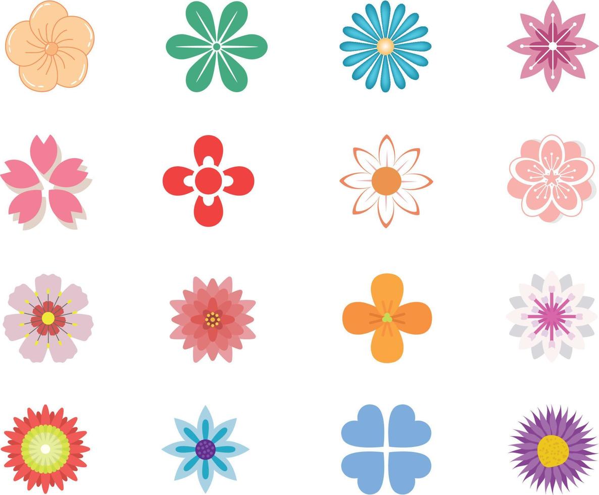Set of flat Spring flower icons in silhouette isolated on white. Cute retro illustrations in bright colors for stickers, labels, tags, scrapbooking. vector