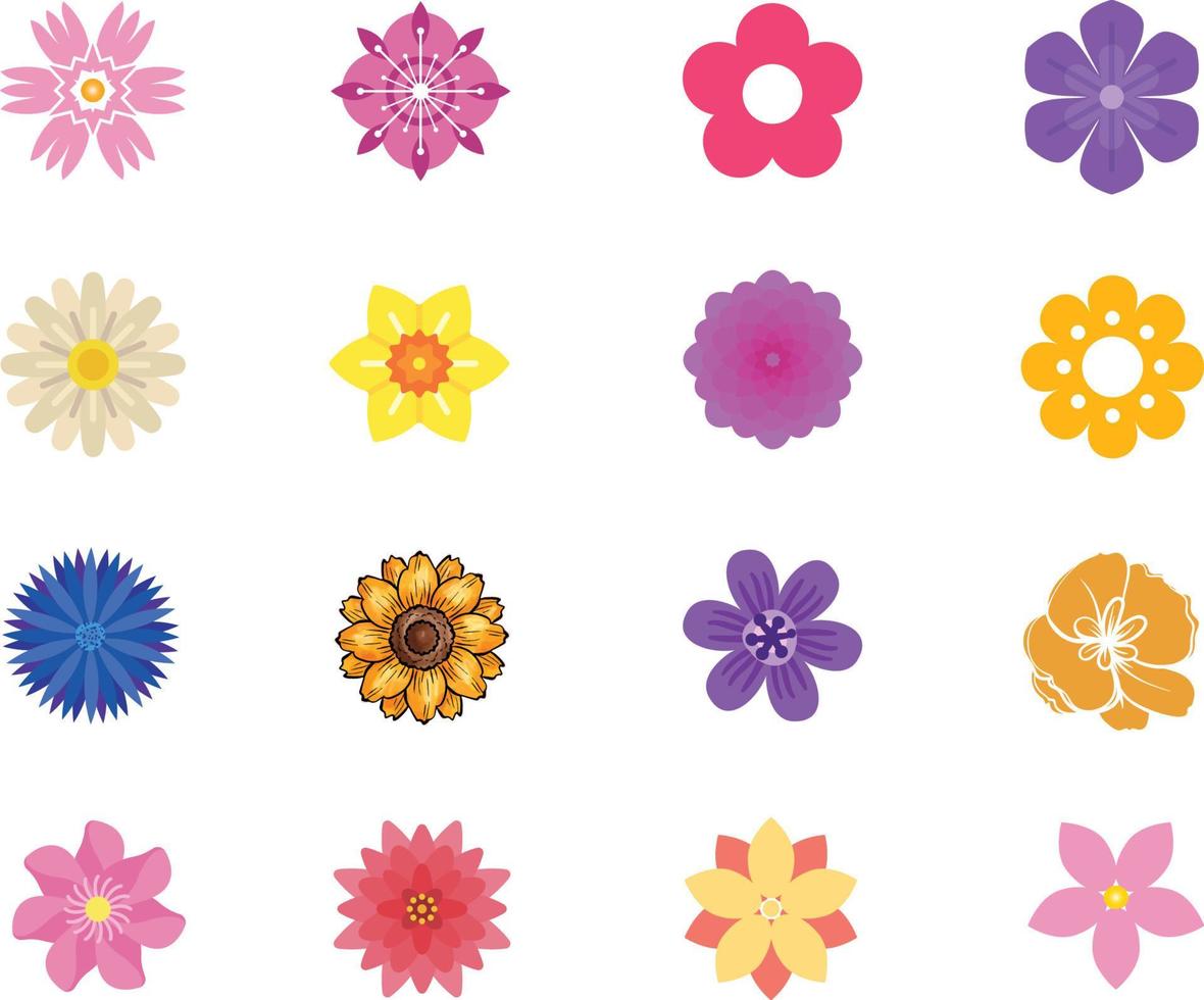 conjunto de iconos de flores de primavera planas en silueta aislado en blanco. lindas ilustraciones retro en colores brillantes para pegatinas, etiquetas, etiquetas, álbumes de recortes. vector