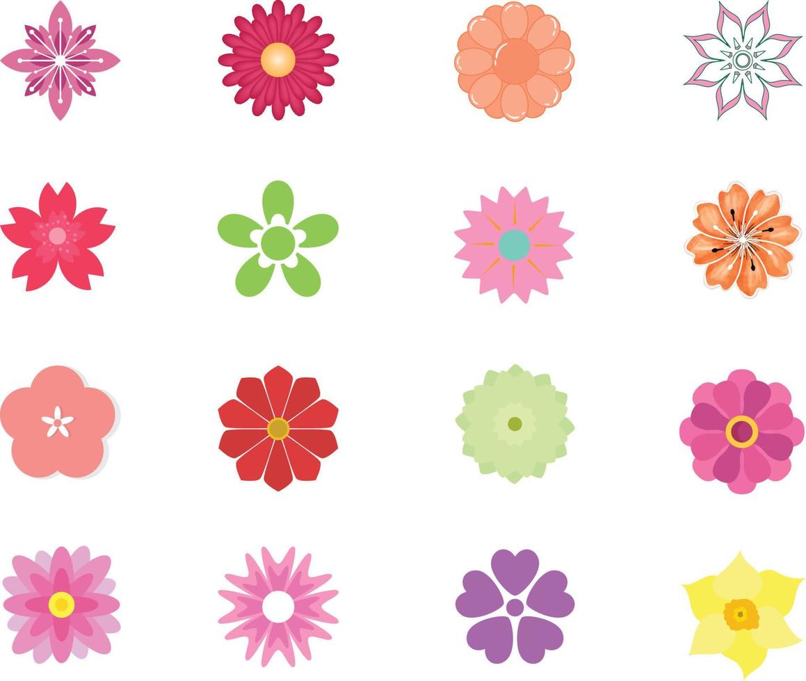 Set of flat Spring flower icons in silhouette isolated on white. Cute retro illustrations in bright colors for stickers, labels, tags, scrapbooking. vector