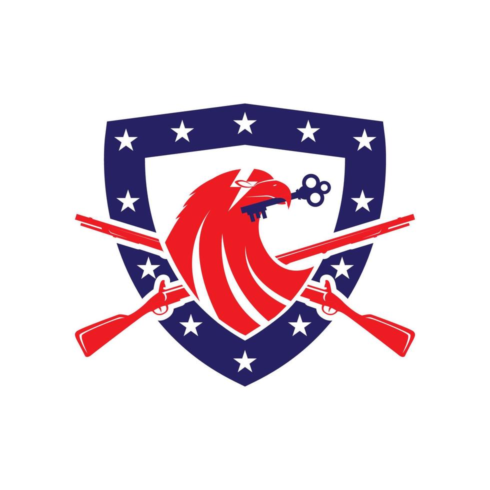 Eagle head with shield and gun star logo design vector