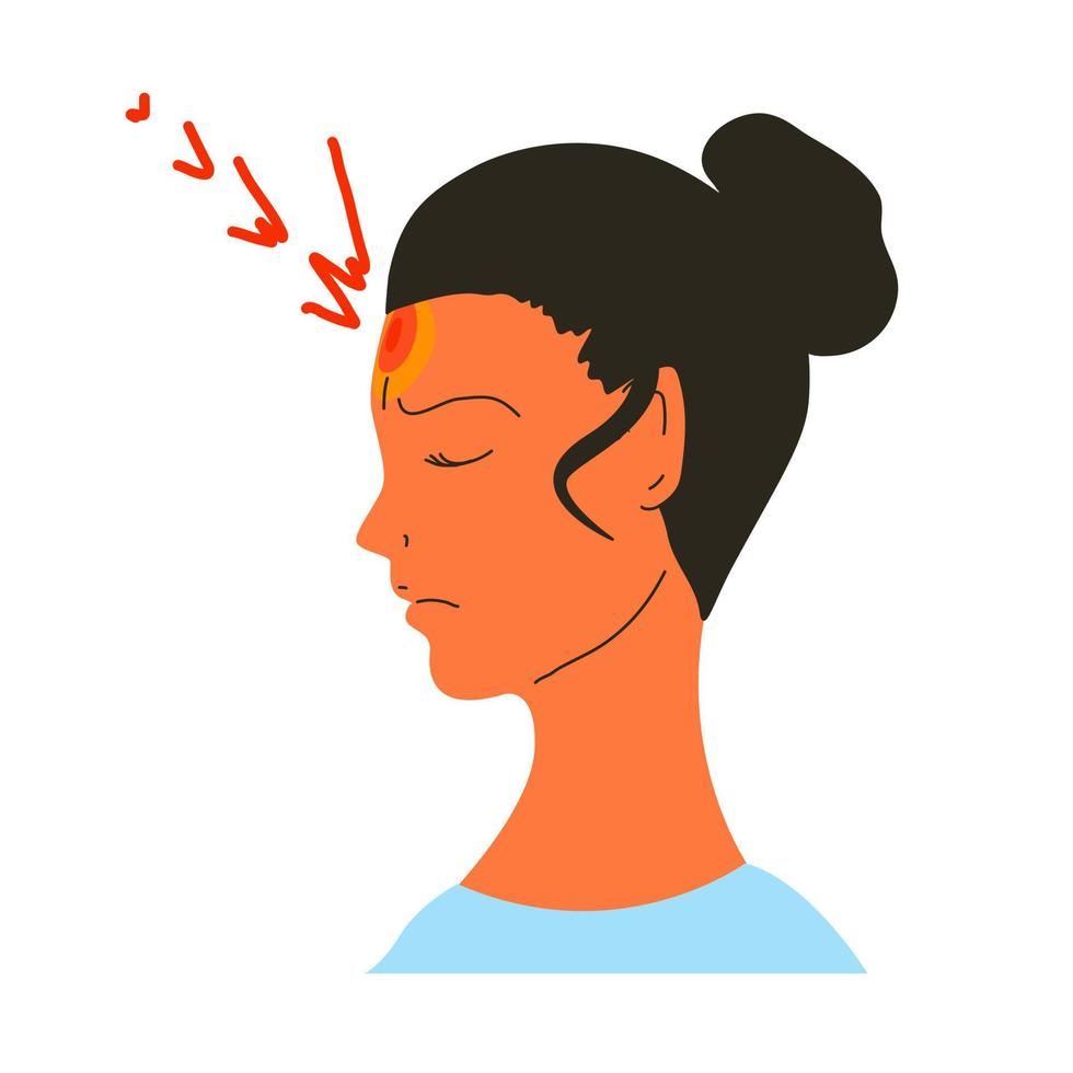 A woman with severe pain in the head and forehead. vector