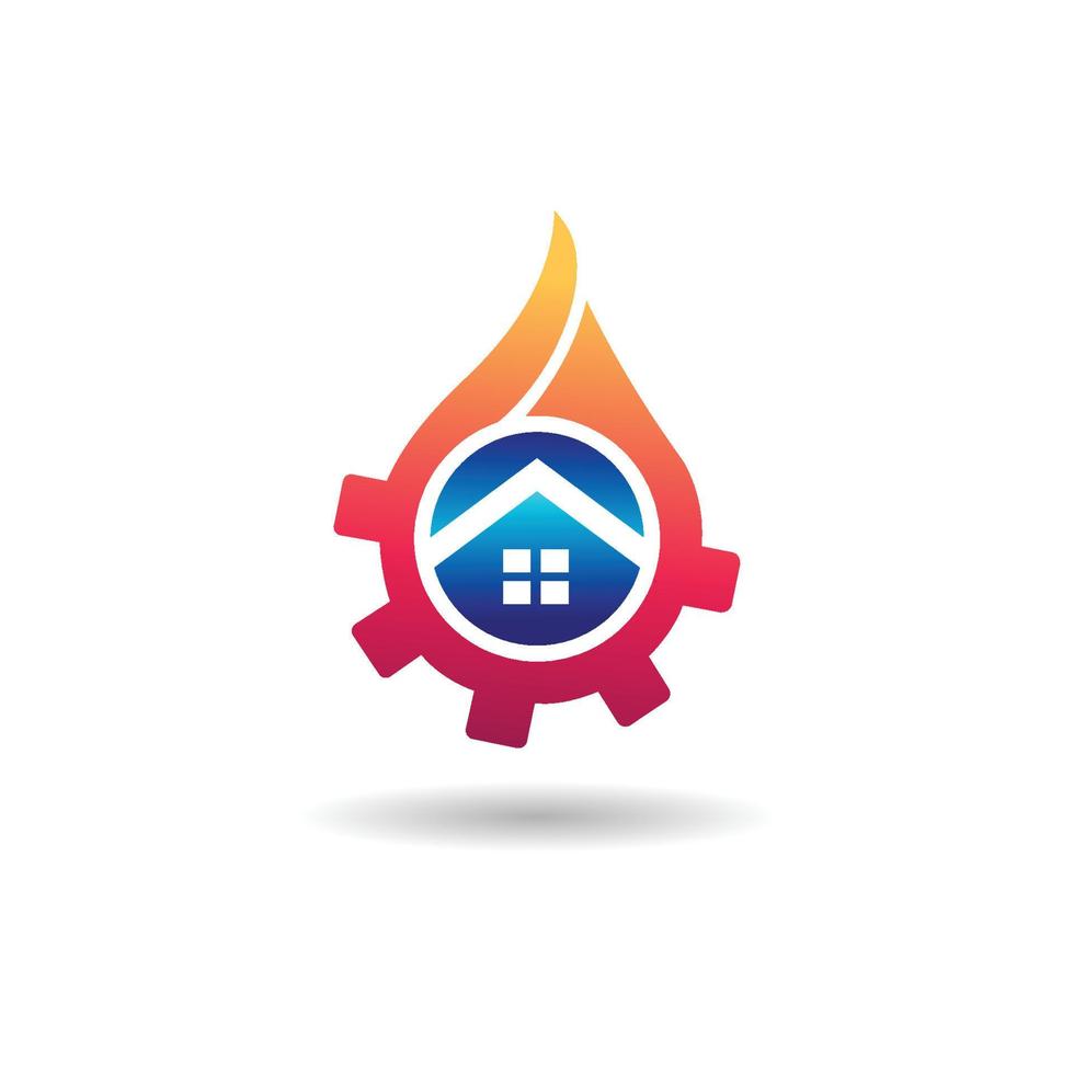 logotipo de la casa de fuego de la llama del engranaje vector