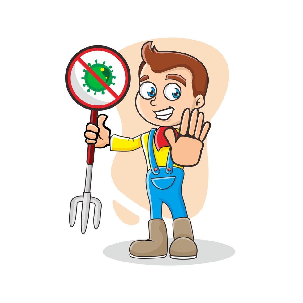 Cute Farmer mascot stop virus sign vector