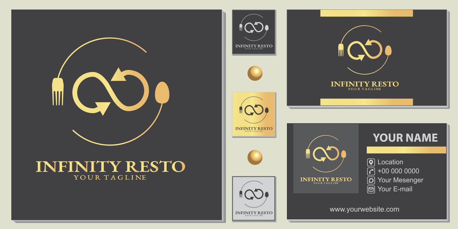 Plantilla premium de logotipo de restaurante infinito dorado de lujo con elegante tarjeta de visita vectorial eps 10 vector