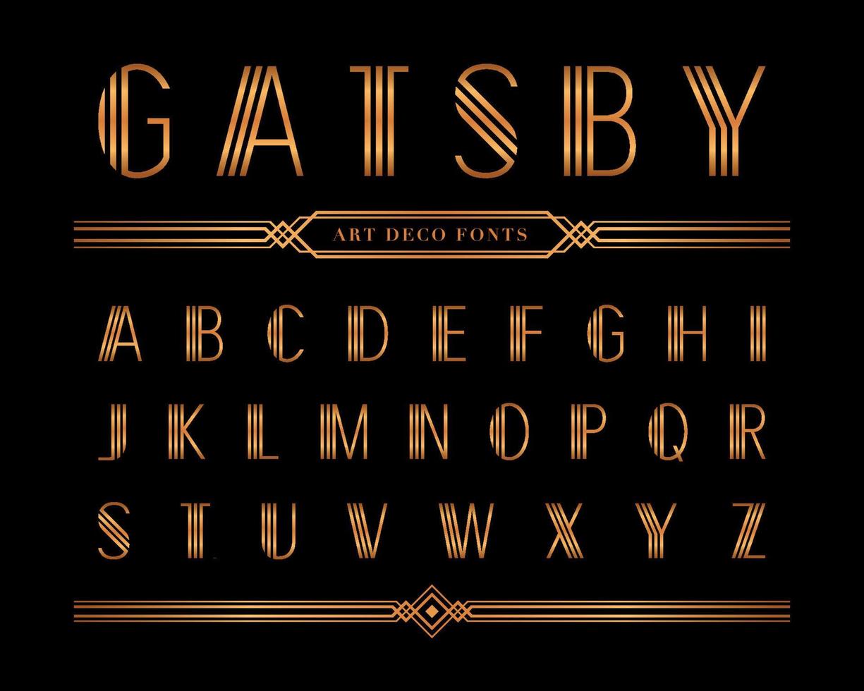 Gold Gatsby font and alphabet letter, Condensed letters style set. vector