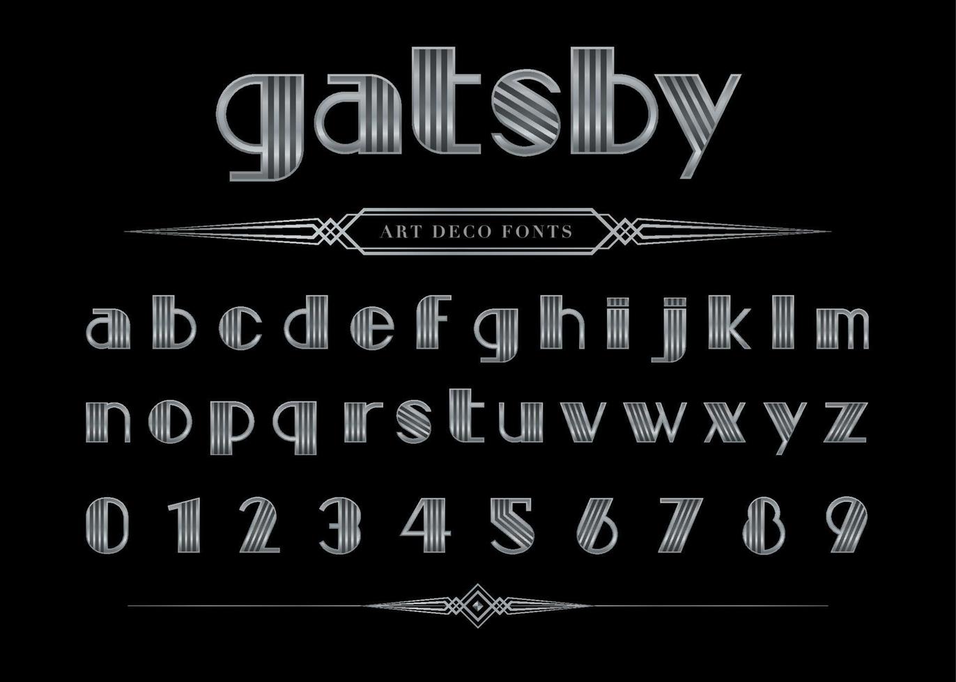 Letra y número del alfabeto gatsby plateado, conjunto de fuentes de letras minúsculas plateadas. vector