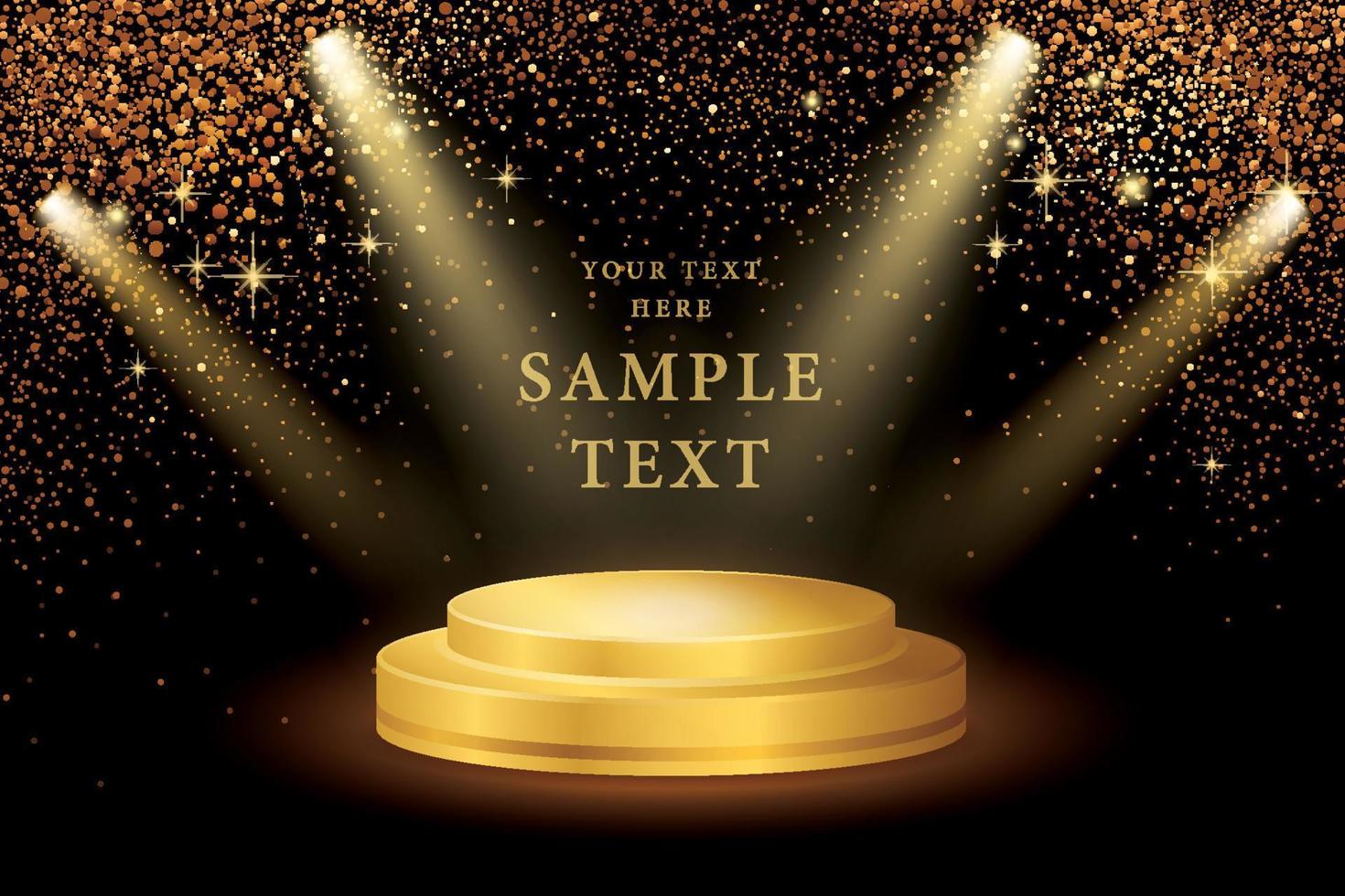Spotlight on stage and Gold Glitter Vector, Golden explosion of confetti. Gold grainy vector