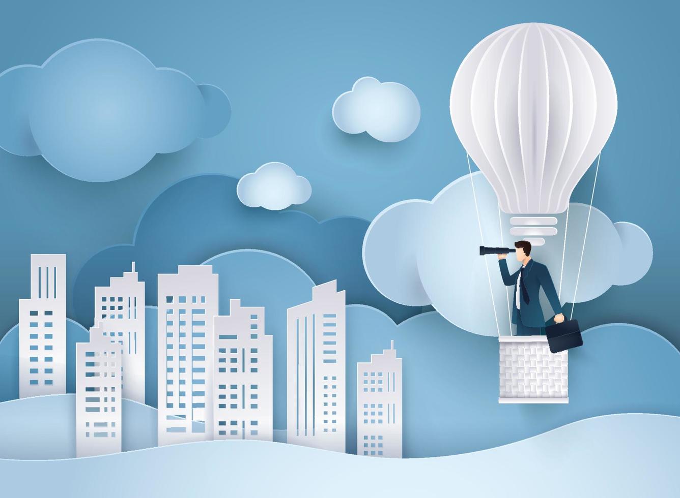 Vision business concept, Businessman looking through binoculars on balloon shaped as a light bulb vector